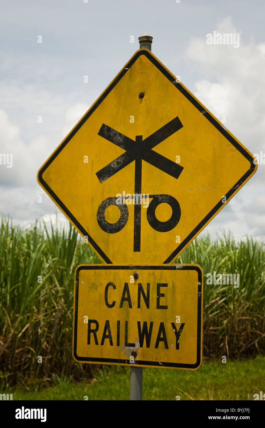Cane railway sign in front of a sugar cane field in Queensland Australia Stock Photo