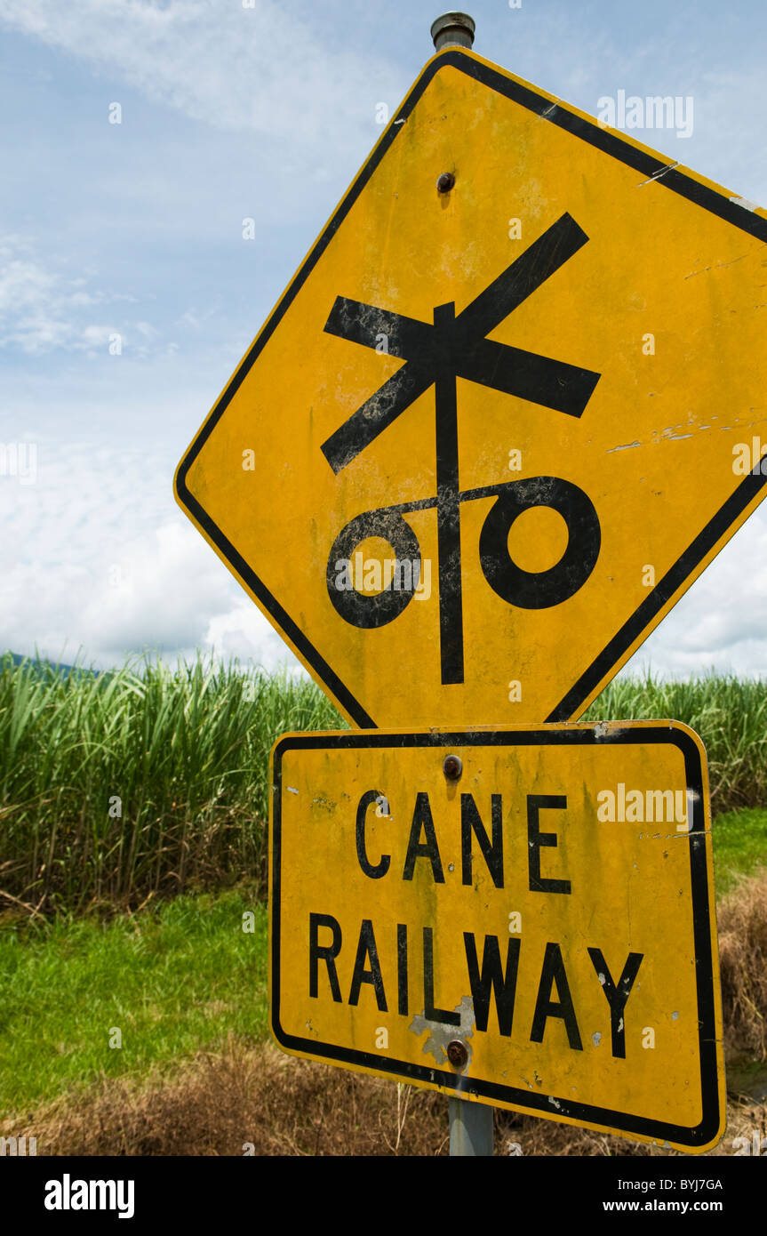 Cane railway sign in front of a sugar cane field in Queensland Australia Stock Photo