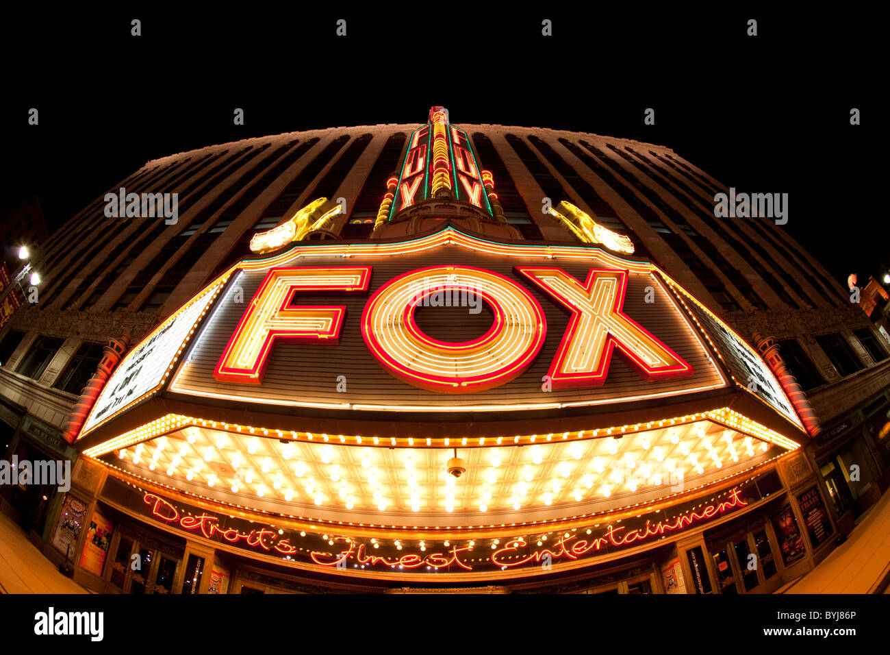 USA, Michigan, Detroit, Neon sign at entrance to Fox Theater marquee at
