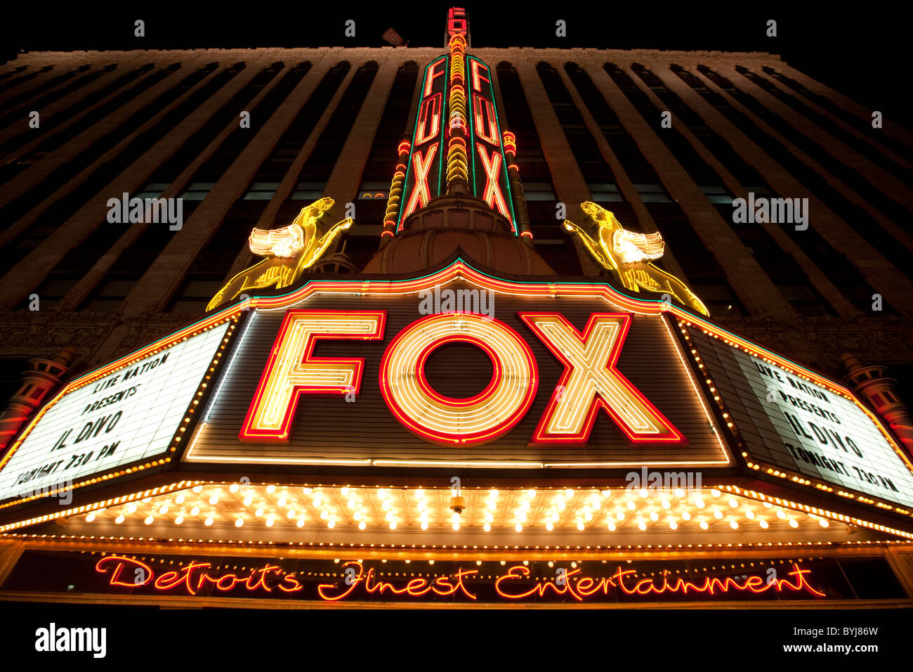 USA, Michigan, Detroit, Neon sign at entrance to Fox Theater marquee at