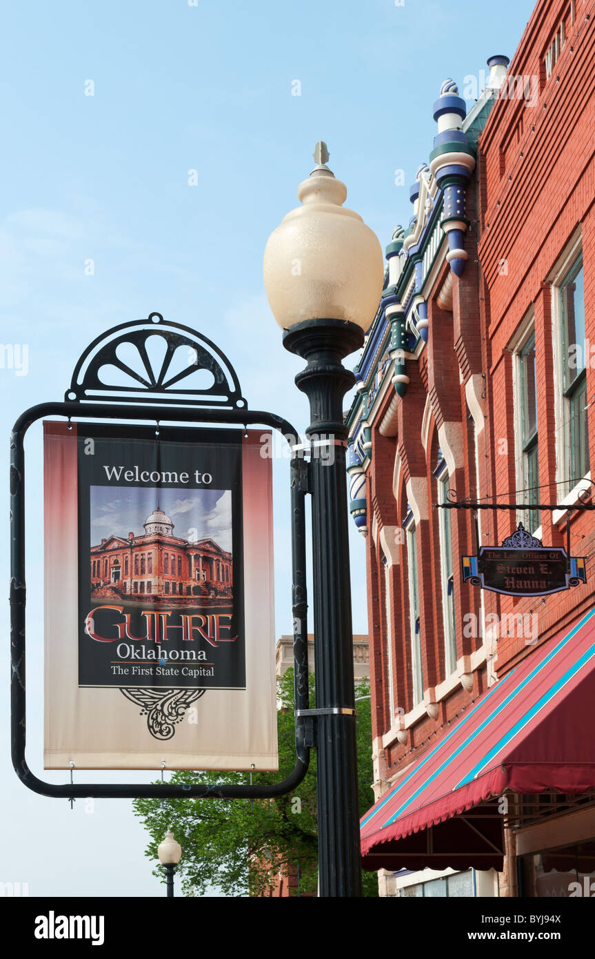 Welcome to Guthrie Oklahoma sign, downtown Stock Photo