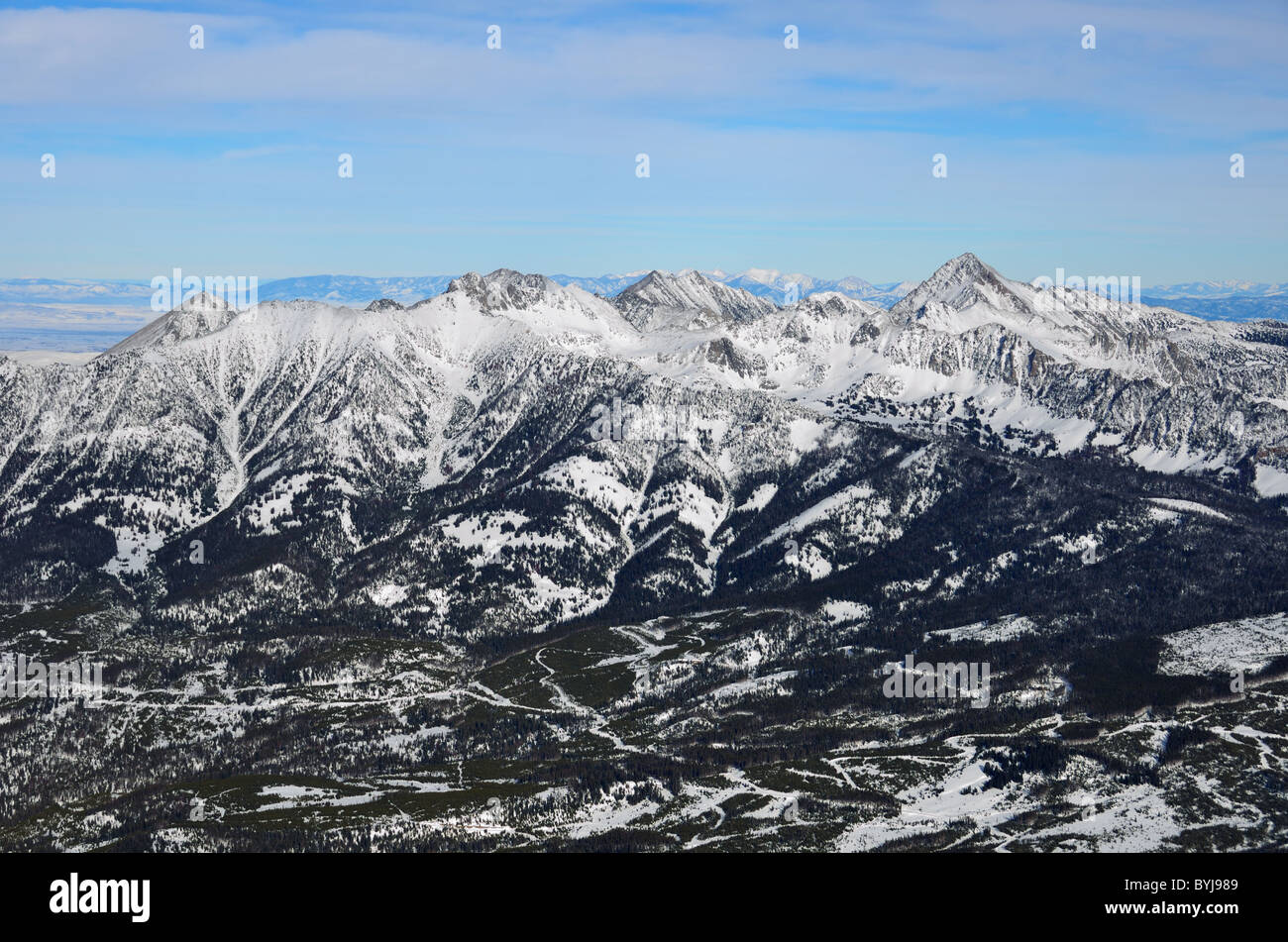 Mountain view from the top of Lone Peak. Big Sky Ski Resort, Montana, USA. Stock Photo