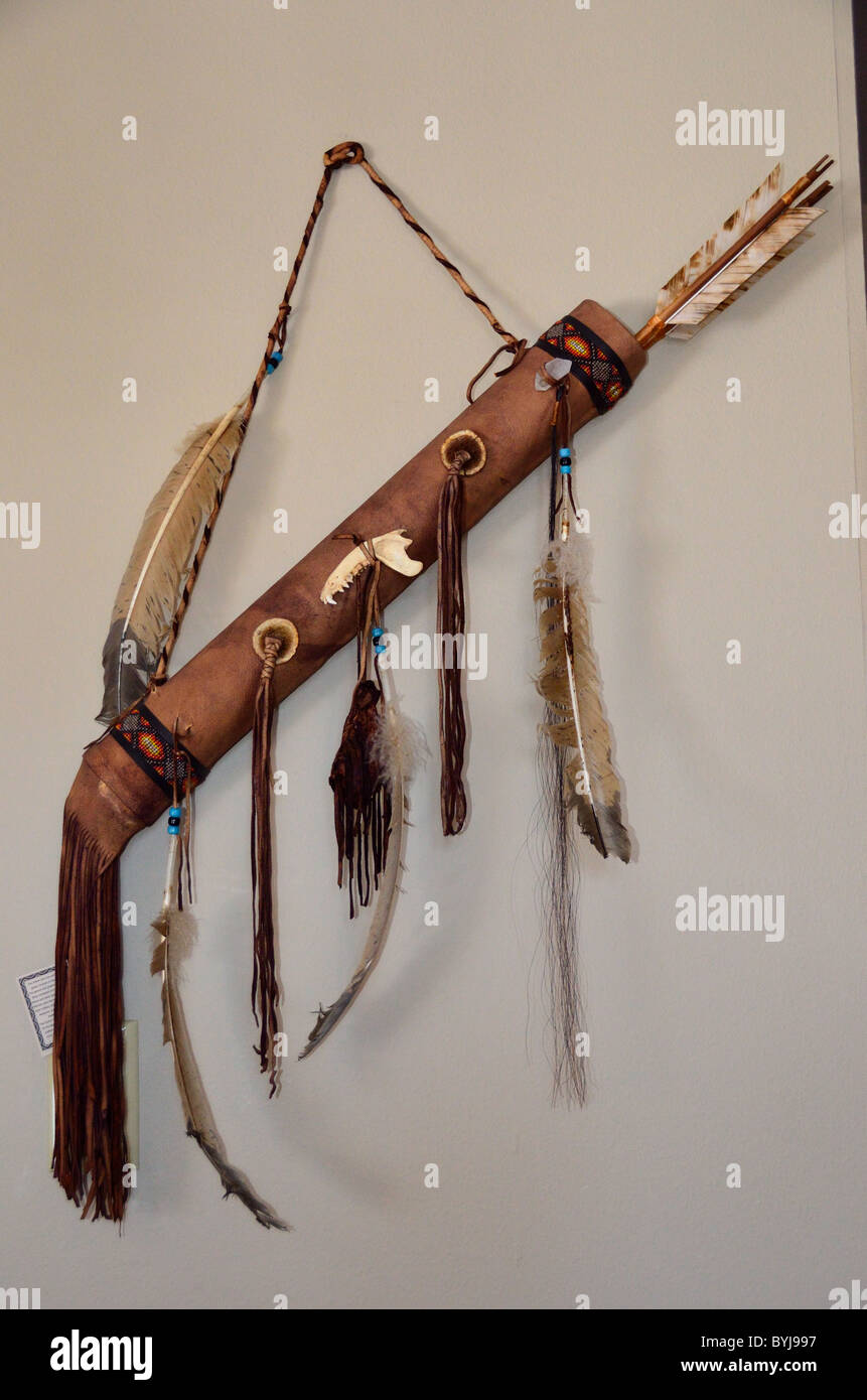 Wall decoration of Indian style bow and arrows. Montana, USA. Stock Photo