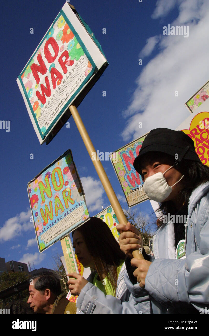 No War and Anti-Iraq war demonstration and peace protest, in Tokyo, Japan, on 8th March 2003 Stock Photo