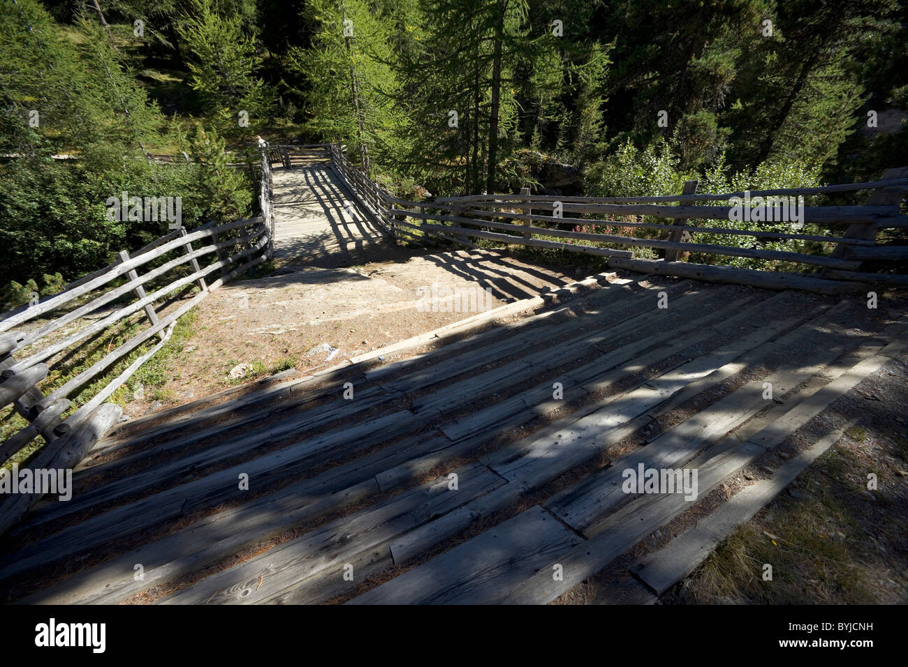 Timber bridge over the Plima river high in the Martell valley, Stelvio National Park, Italy Stock Photo