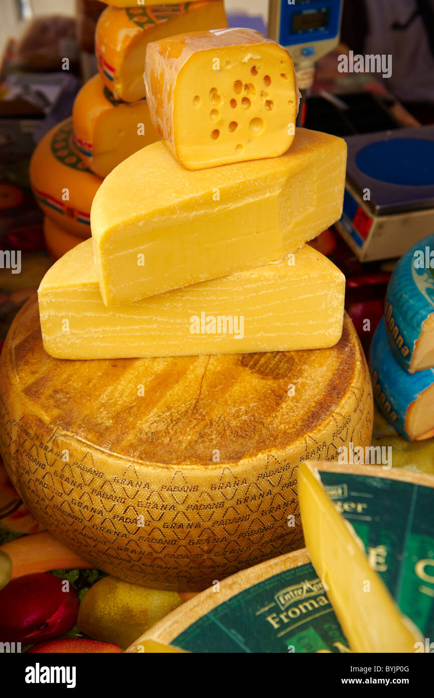 Market cheese stall Stock Photo