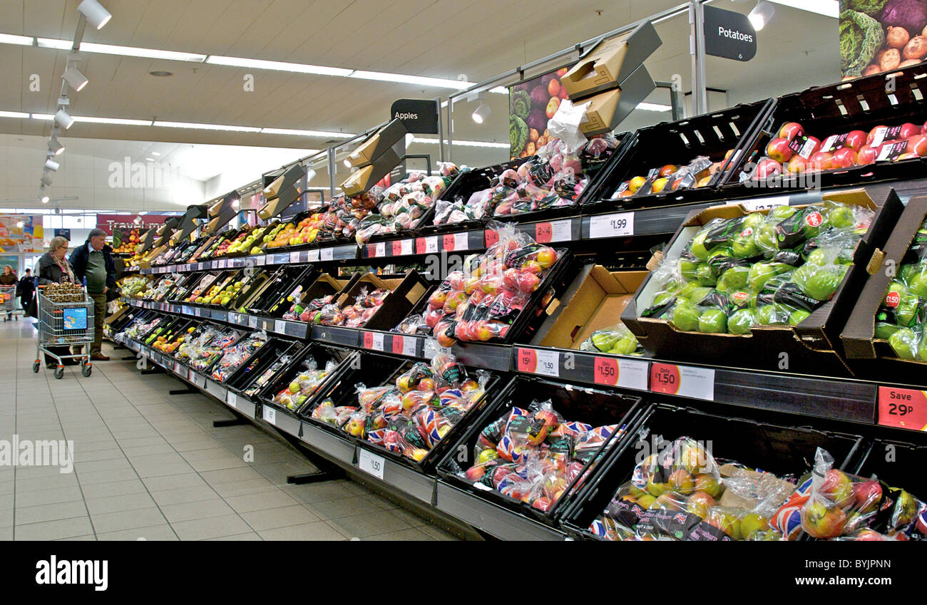 Interior of large store showing the wide range of merchandise available. This area sells fruit and vegetables Stock Photo