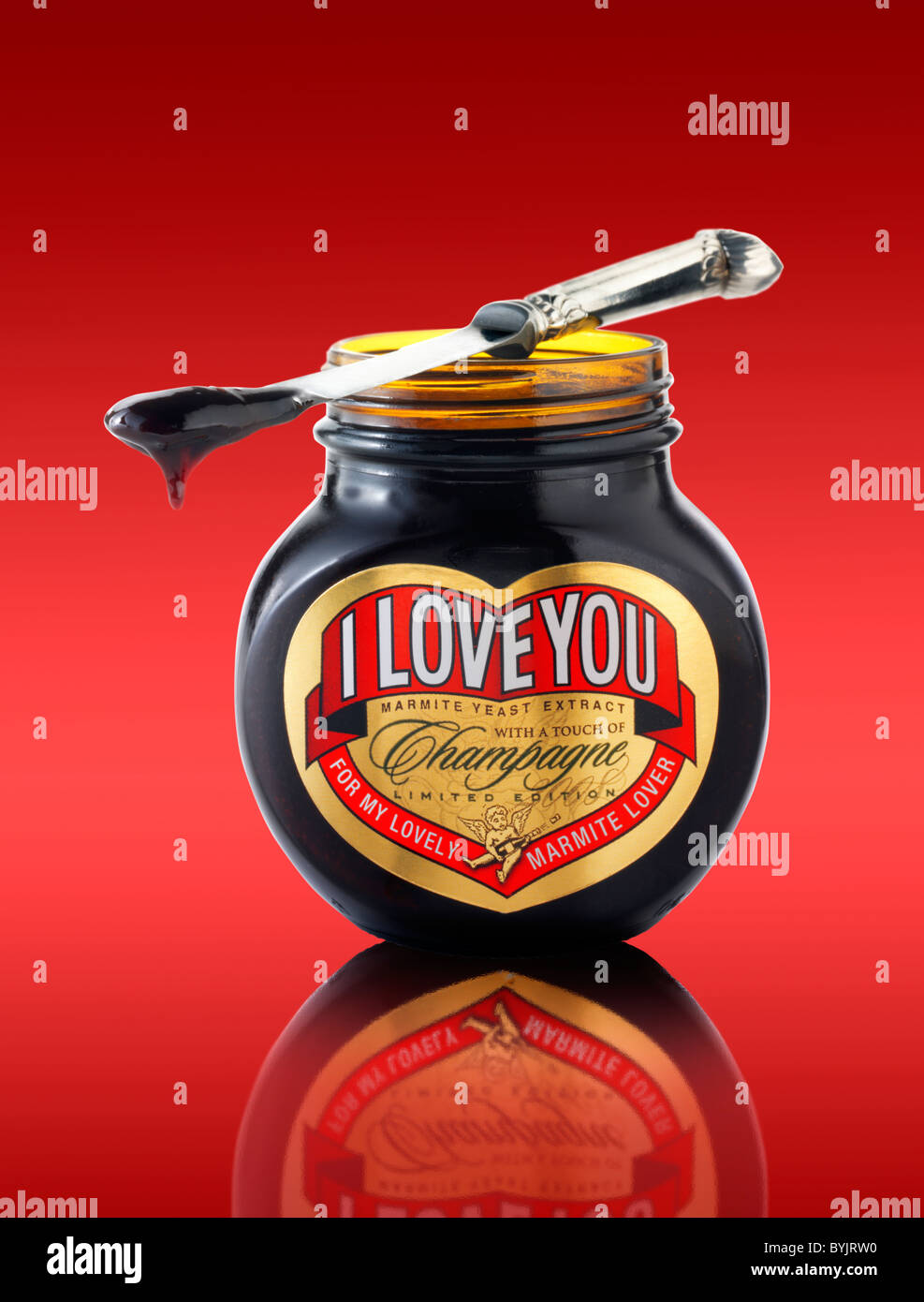 Jar of traditional Marmite with 'I Love You' on label Stock Photo