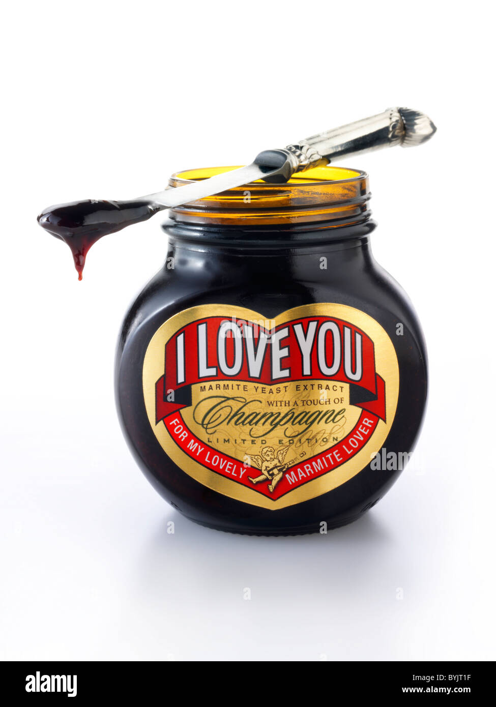 Jar of traditional Marmite with 'I Love You' on label Stock Photo