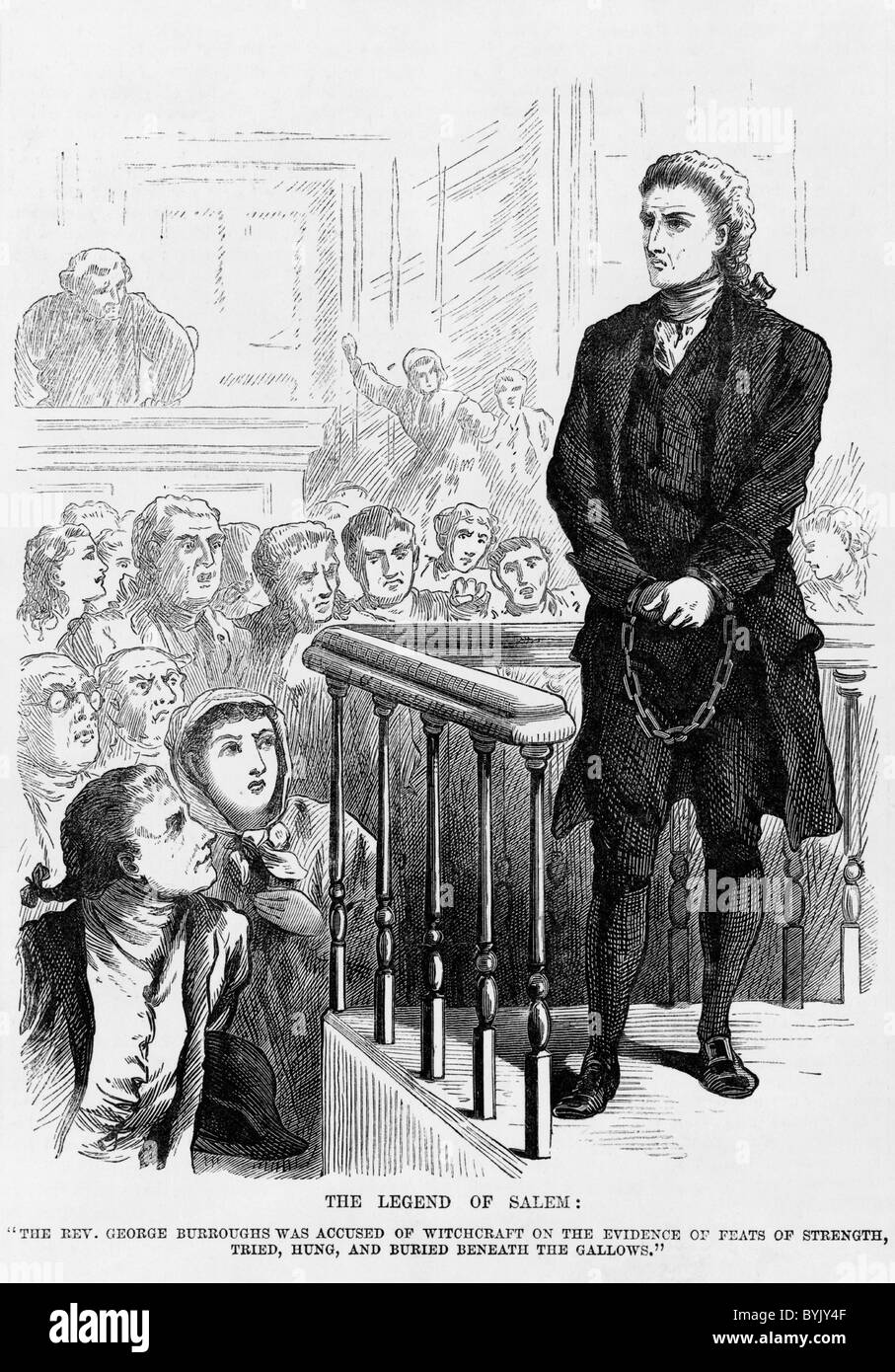 Vintage illustration of the Reverend George Burroughs (c1650 - 1692) being accused of witchcraft during the Salem Witch Trials. Stock Photo