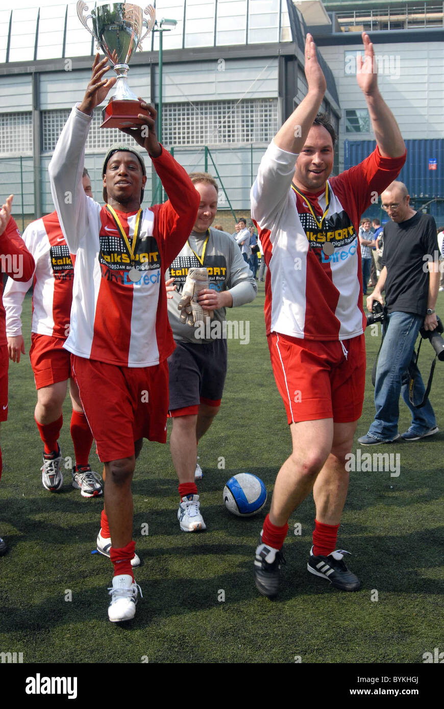The Winning team were the drivetime team Talksport football match - former footballers take part in a kichabout as radio's Stock Photo