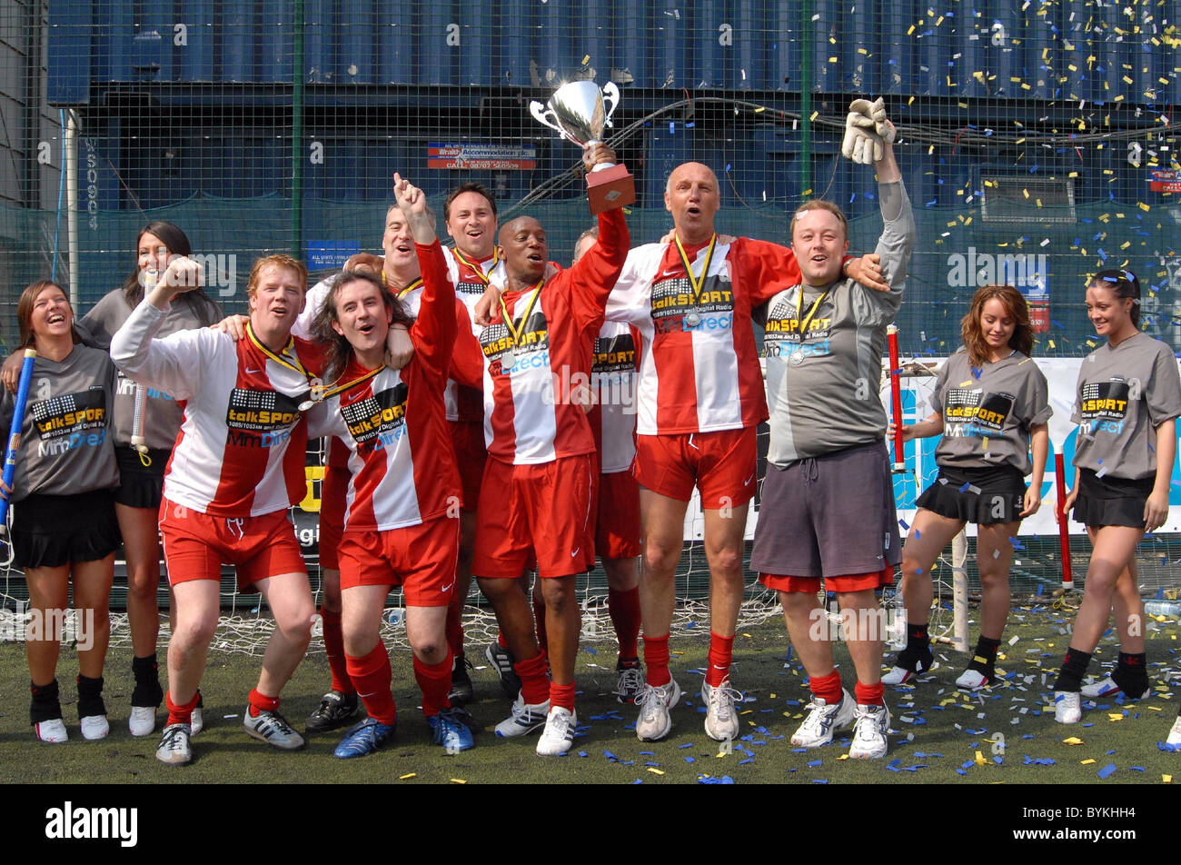 The Winning team were the drivetime team Talksport football match - former footballers take part in a kichabout as radio's Stock Photo
