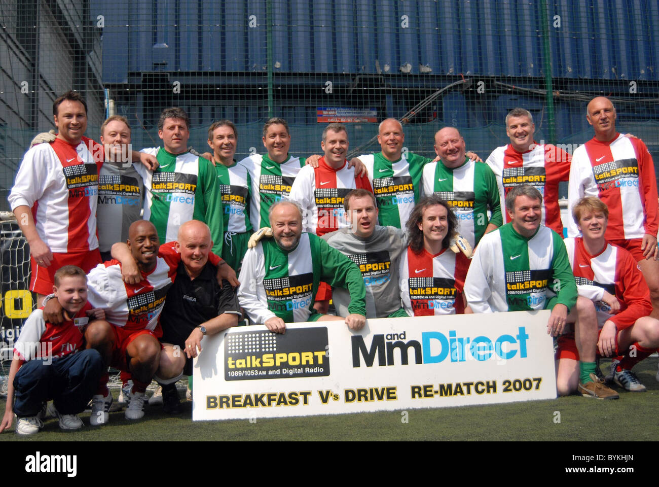 The Drivetime and Breakfast teams Talksport football match - former footballers take part in a kickabout as radio's Breakfast Stock Photo