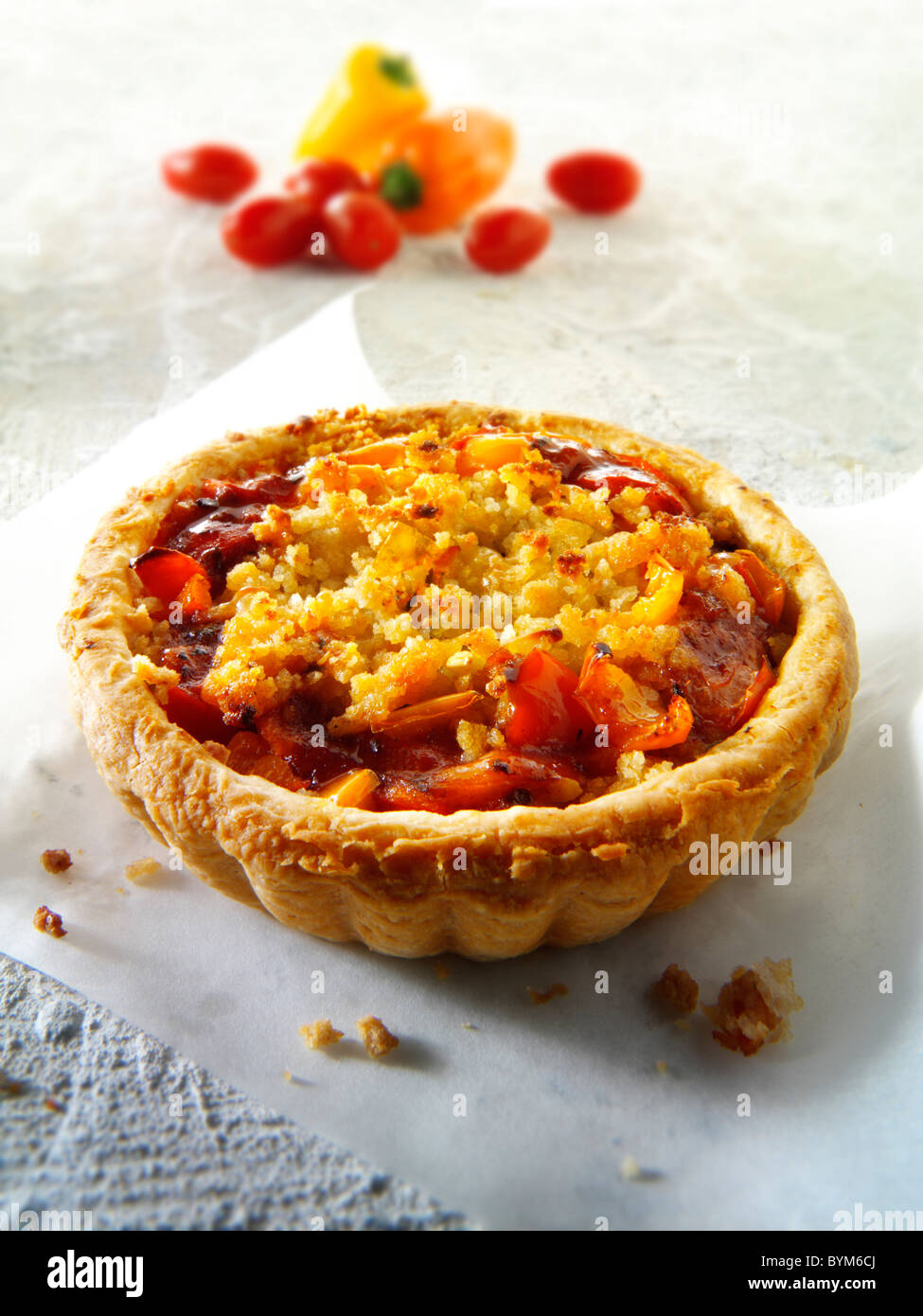 Tomato & Pepper Pastry Tart cooked and ready to eat Stock Photo