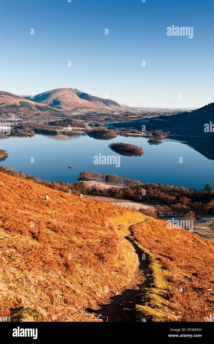 Derwent Water and Blencathra viewed from a path leading up Catbells. Stock Photo