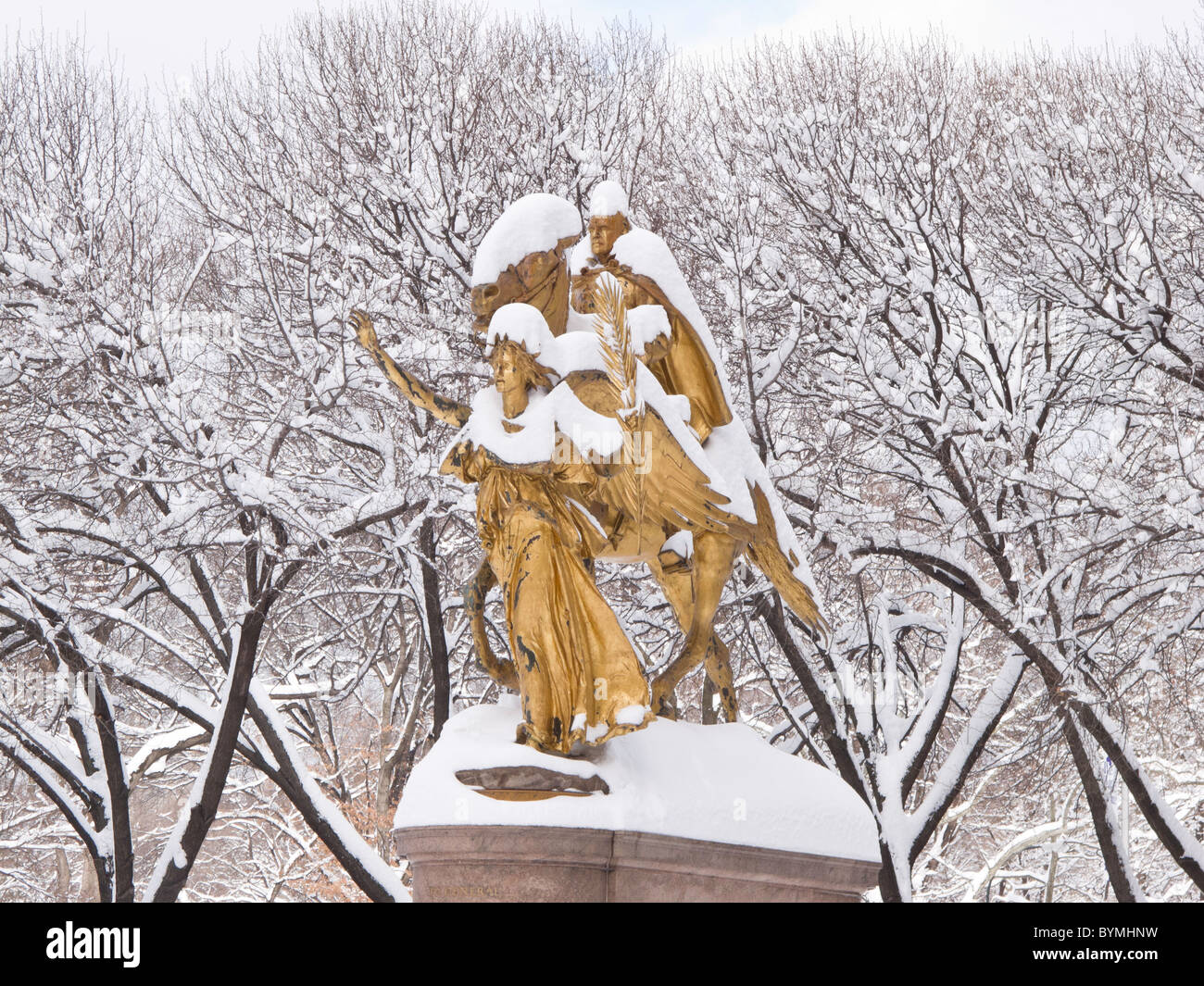 General Sherman Statue in the Snow, Grand Army Plaza, NYC Stock Photo