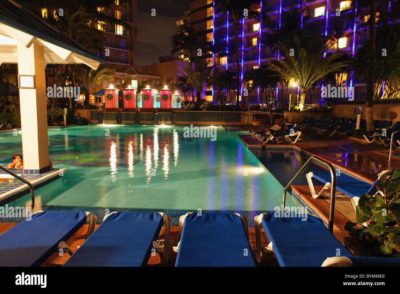 Lights Reflected in a Pool, San Juan Stellaris Marriott Resort, Puerto Rico Stock Photo