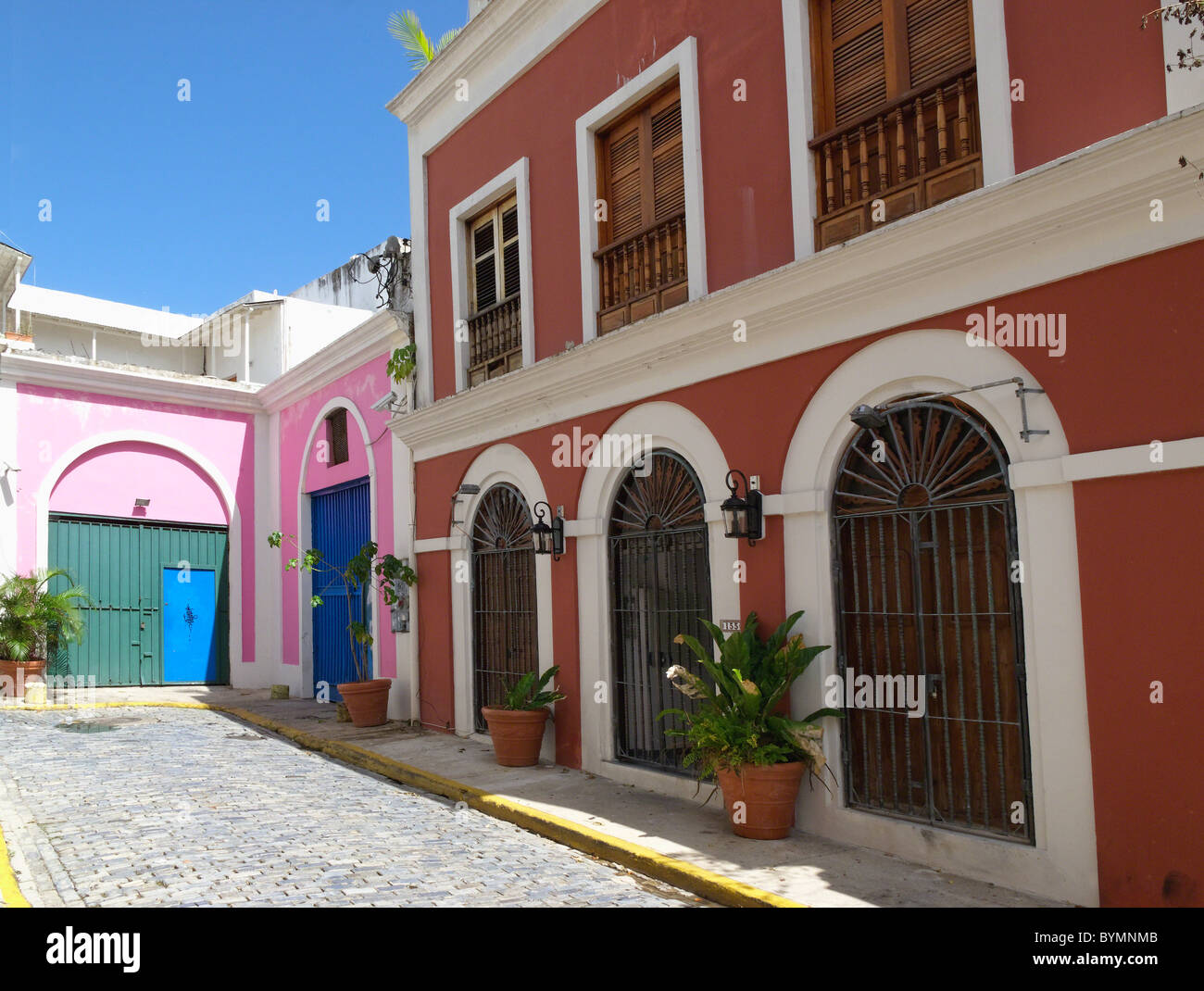 Old San Juan Street with Colonial Architecture, Puerto Rico Stock Photo