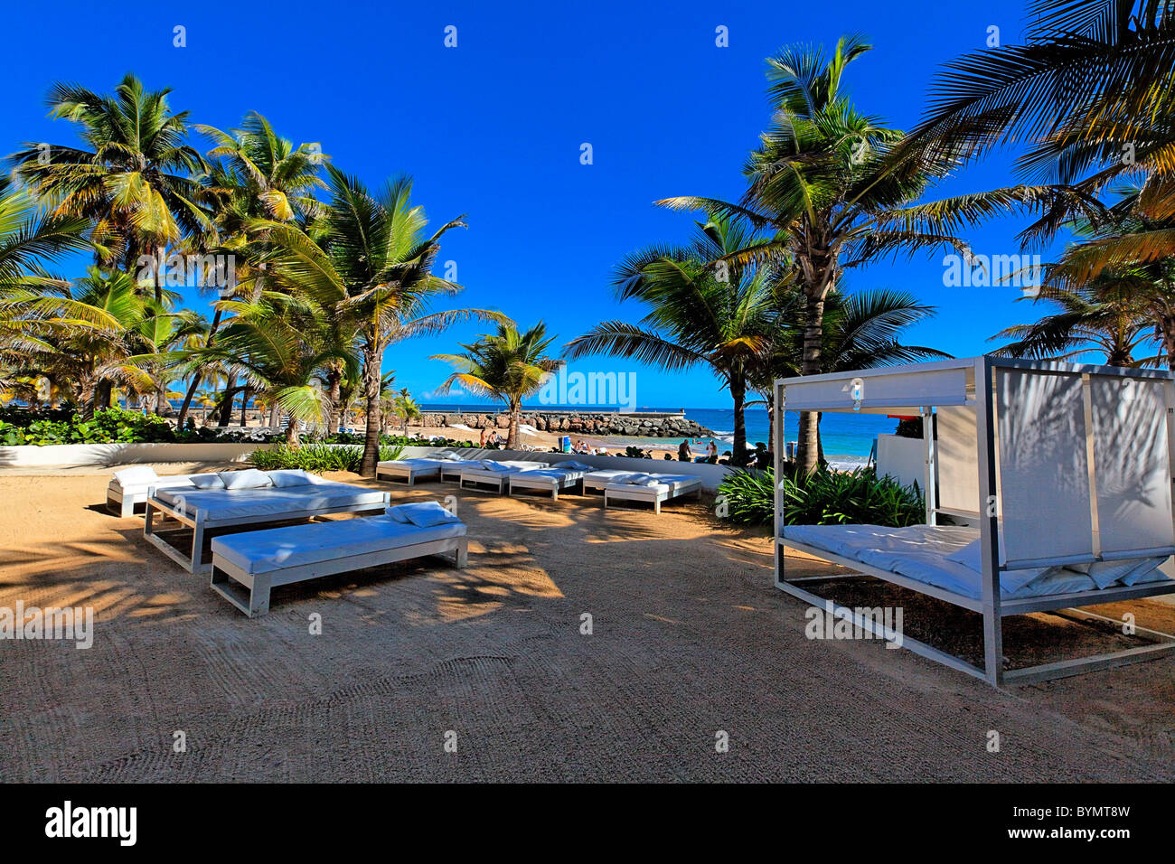 Beach Beds, La Concha Hotel Beach, Condado, San Juan Puerto Rico Stock Photo