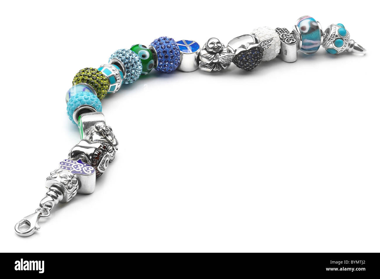 Charm and bead fashion bracelet on white background Stock Photo