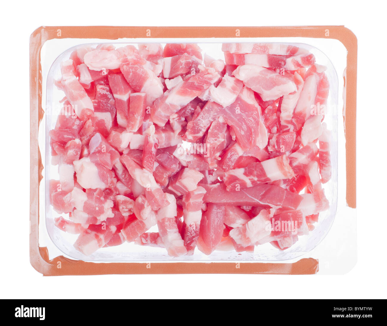 fresh bacon pieces on a plastic packaging tray isolated on white background Stock Photo