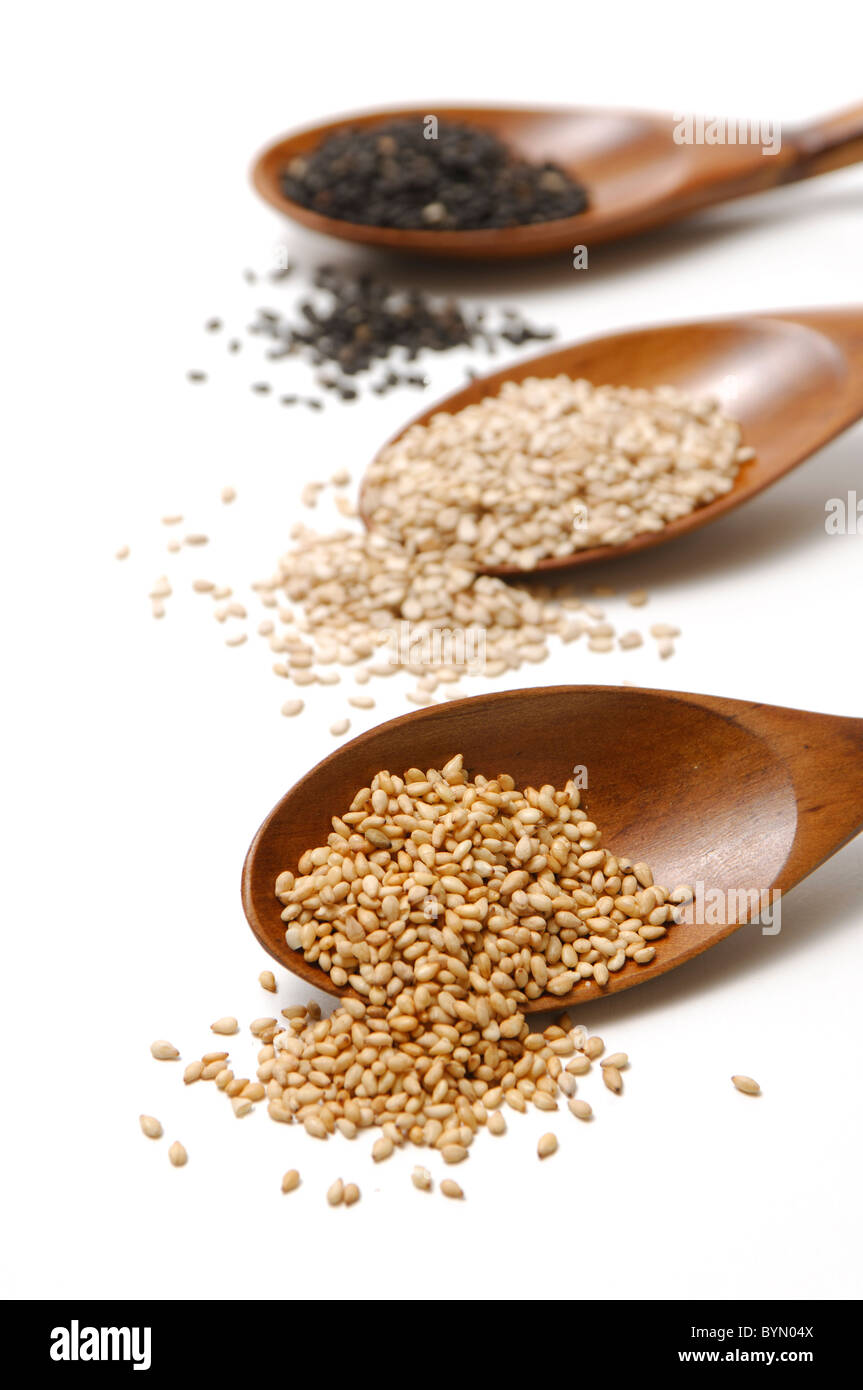 Three Sorts of Sesame Seeds Stock Photo