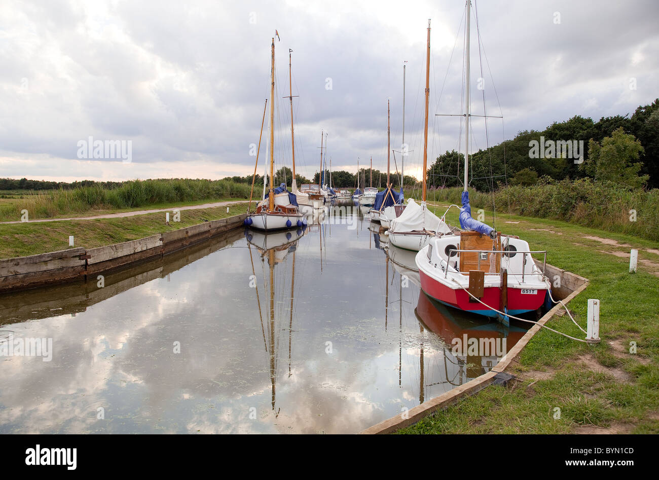 Boats resting in a Norfolk Broads inlet Stock Photo Alamy