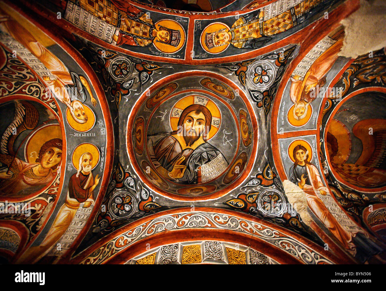 The fresco of Jesus Christ ('Pantokrator') in the rock cut Karanlik Kilise ('Dark Church'), Goreme, Nevsehir, Cappadocia, Turkey Stock Photo