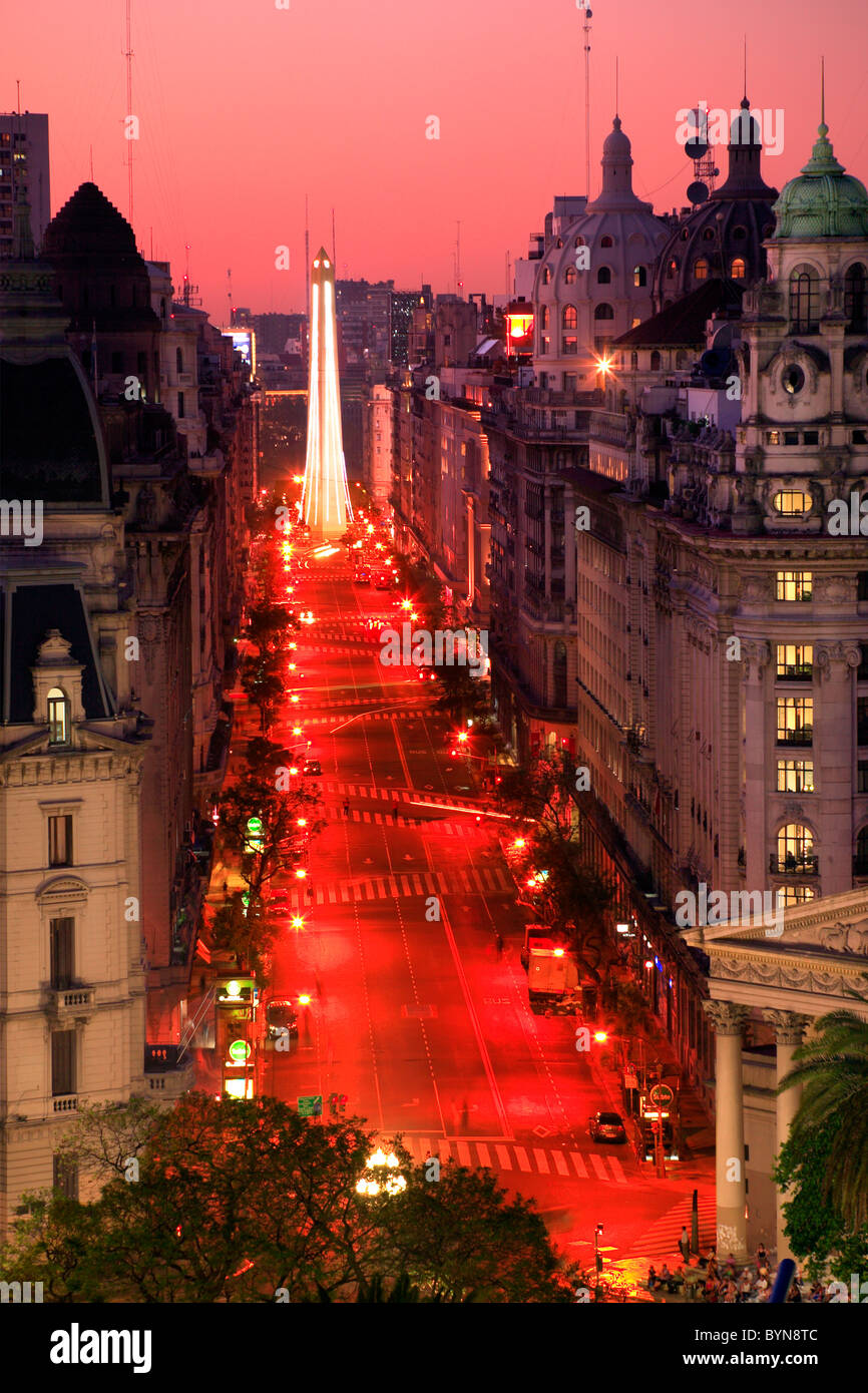 Roque Saenz Peña Ave., at dusk. Obelisk monument at background. Buenos Aires, Argentina. Stock Photo
