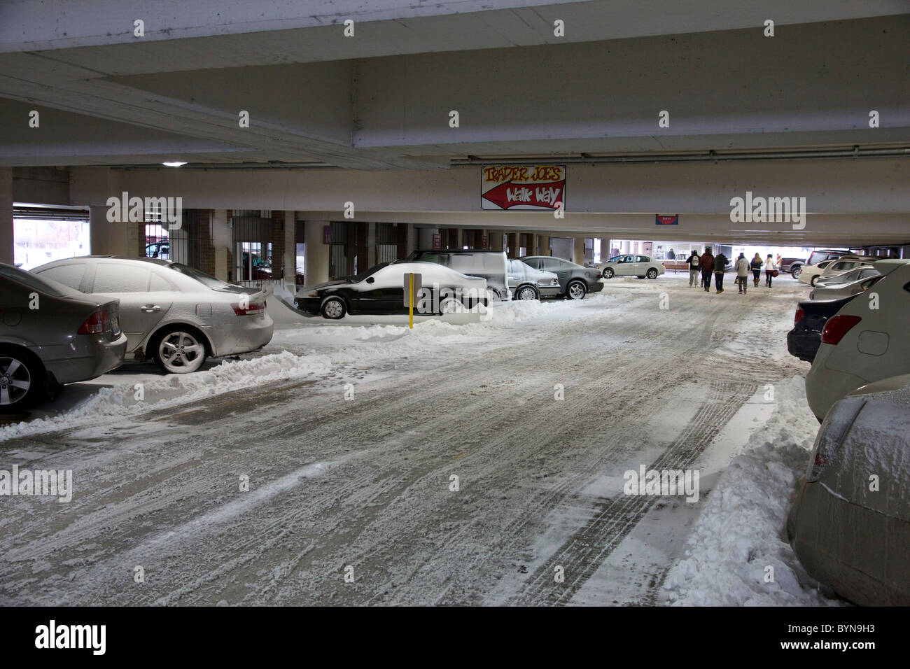 Indoor parking garage with snow blown in during Blizzard of 2011. Oak