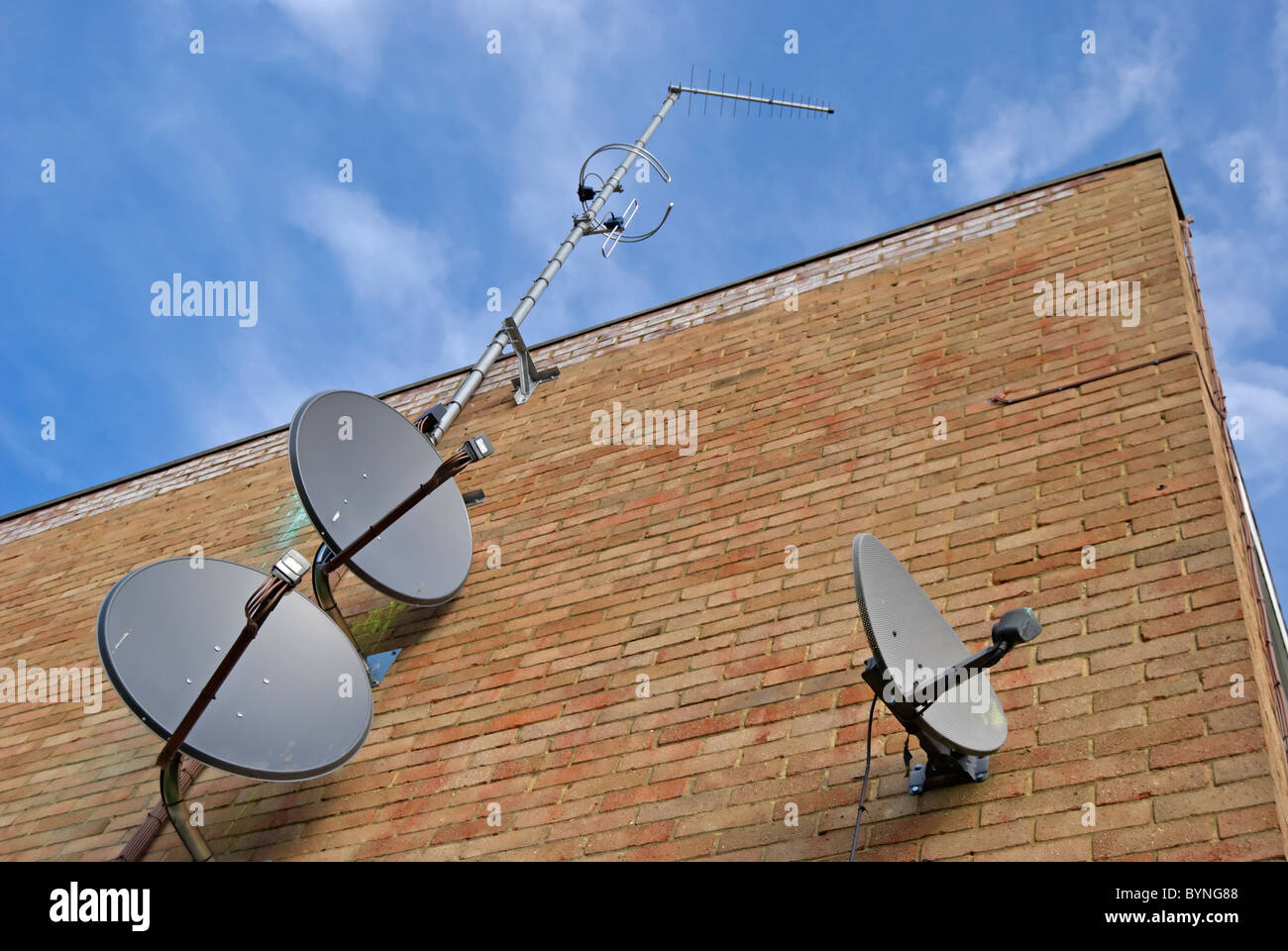 satellite dishes, an omni fm radio aerial and a log periodic tv aerial