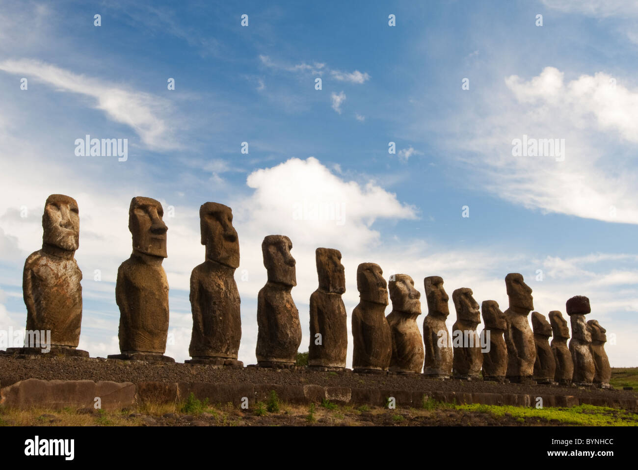 Moai statue at Tongariki, on Easter Island, Pacific Ocean Stock Photo