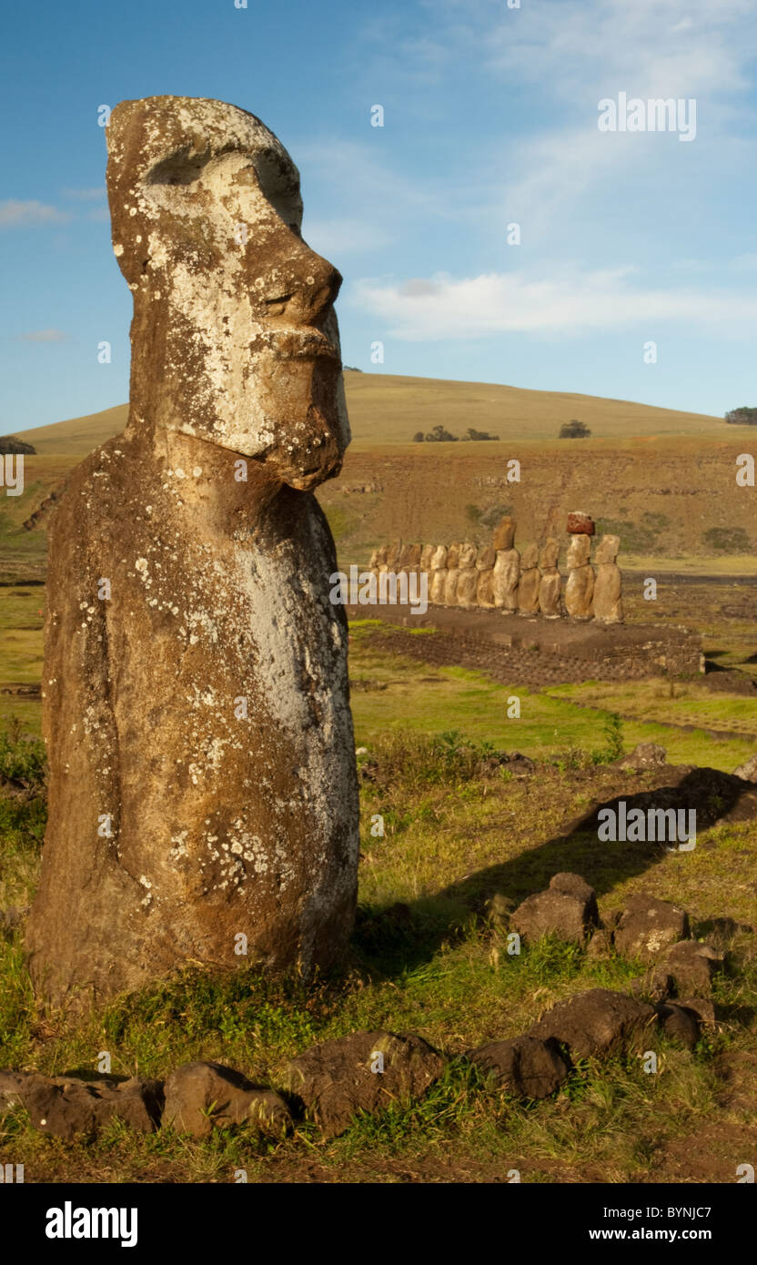 Moai statue at Tongariki, on Easter Island, Pacific Ocean Stock Photo