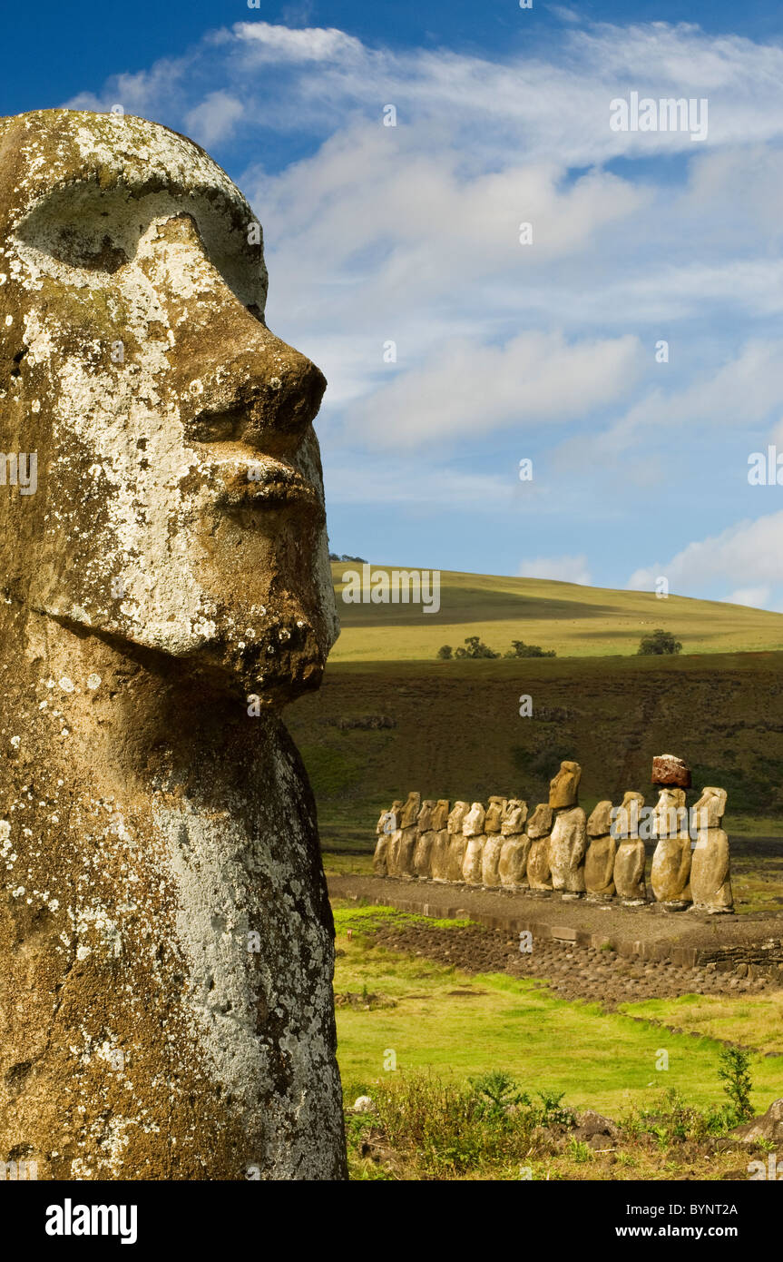 Moai statue at Tongariki, on Easter Island, Pacific Ocean Stock Photo