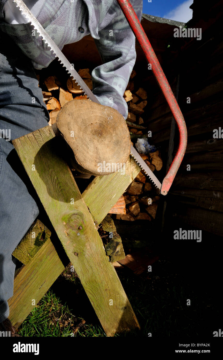 Man sawing logs with bow saw on wooden saw horse in front of back garden winter wood pile