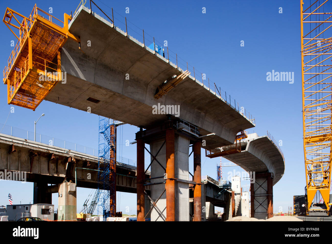 USA, New Jersey, Perth Amboy, Partially completed bridge construction site along Jersey Shore Stock Photo