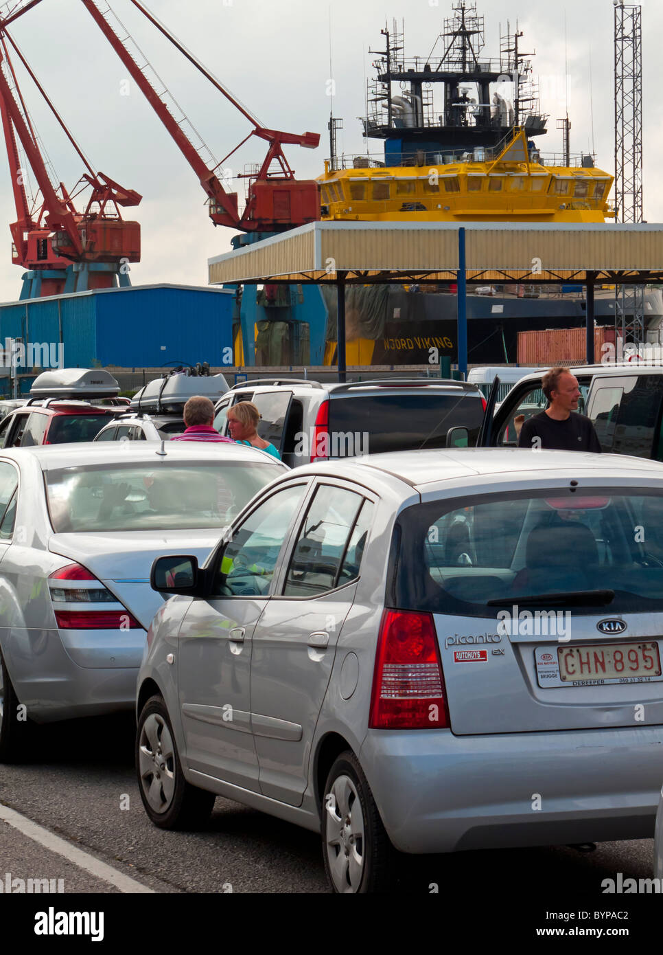 Cars waiting to board a passenger ferry at Bilbao in northern Spain Stock Photo