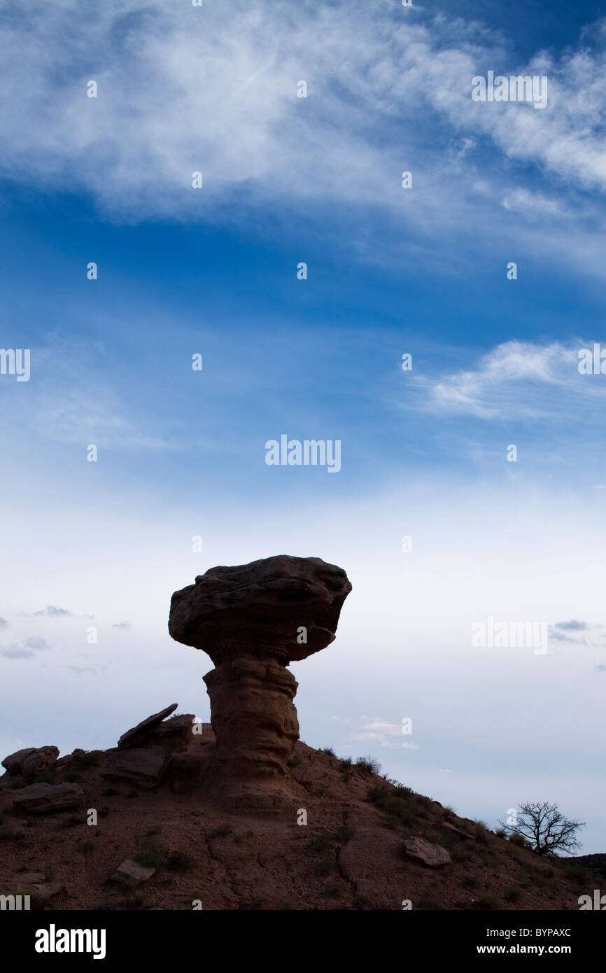 USA, New Mexico, Tesuque, Silhouette of Camel Rock formation at sunset
