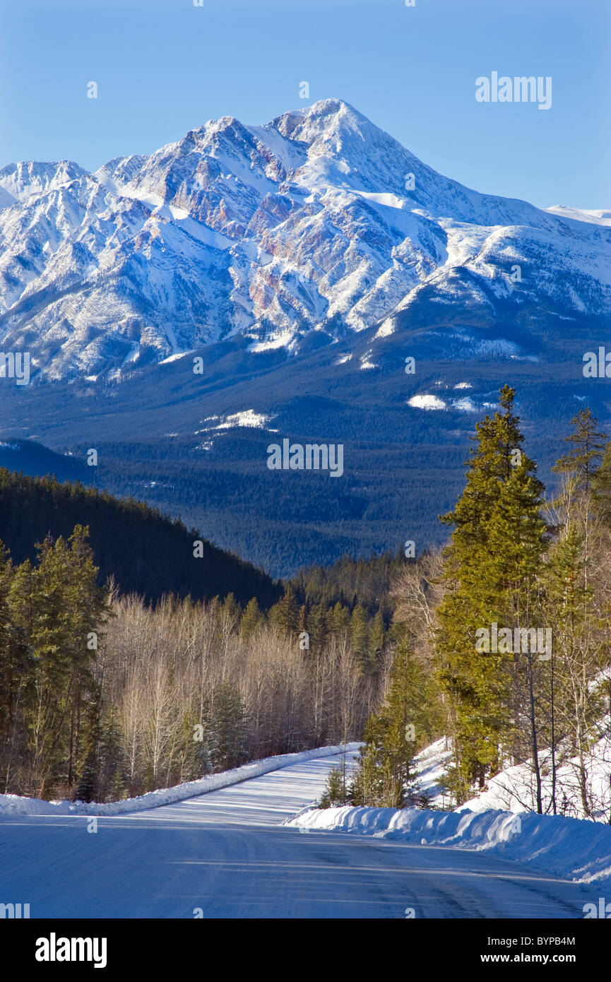 A vertical image of Pyramid mountain in Jasper National Park taken from the Maligne Lake road. Stock Photo