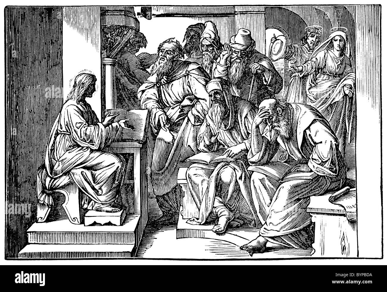 Woodcut, Jesus teaching in the temple. Stock Photo