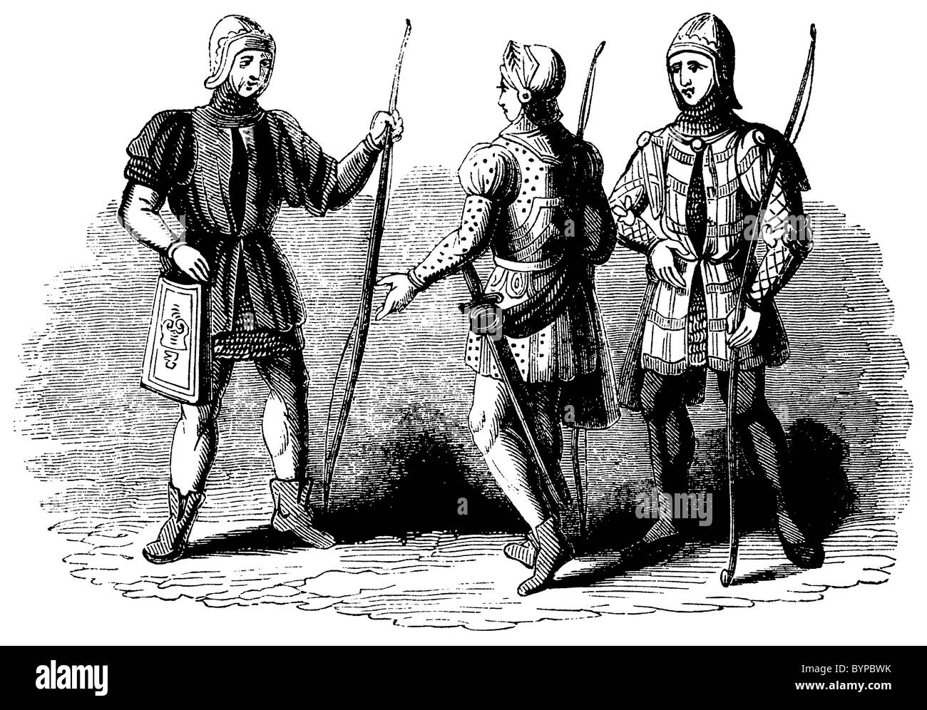 Archers, from 14th century manuscripts: 1845 wood engraving Stock Photo