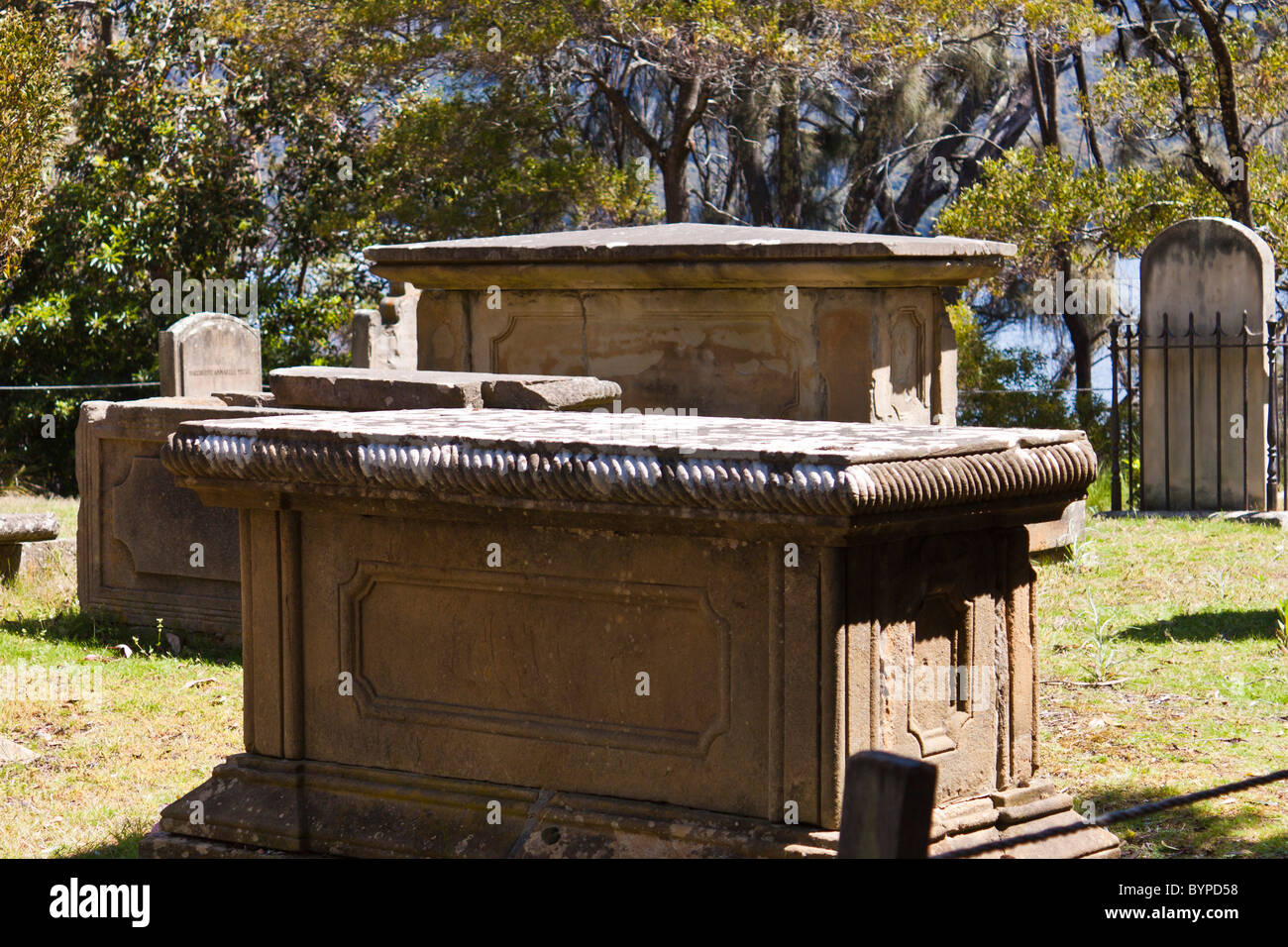 Cemetery on the Isle of the Dead, Port Arthur, Tasmania.  Now one of Australia's major tourist attractions. Stock Photo