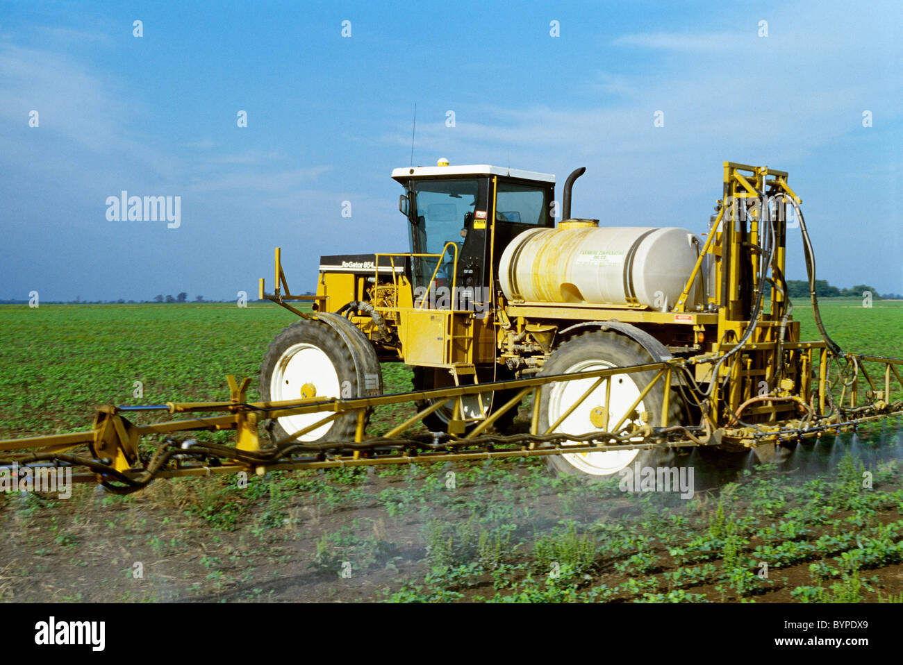 Agriculture - Chemical application, a RoGator applies Roundup Ultra to early growth Roundup Ready soybeans / Arkansas, USA. Stock Photo
