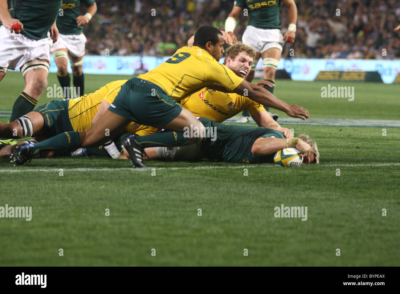 Jean de Villiers scores a try against the Australians at the Tri Nations Match at Bloemfontein, 2010 Stock Photo
