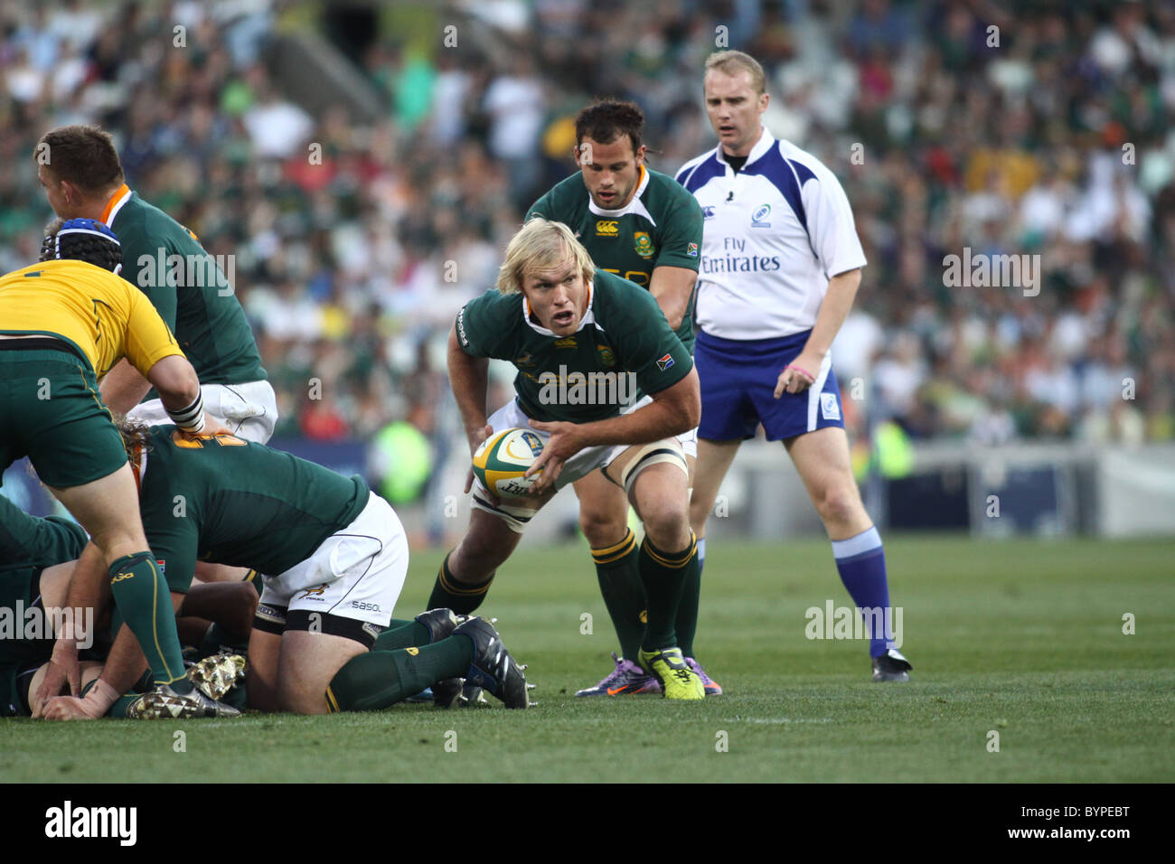 Schalk Burger Running with the ball at the Tri Nations Rugby Tournament in 2010 Stock Photo
