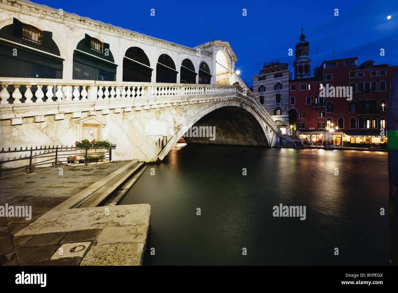 Rialto Bridge At Night, Venice, Italy Stock Photo