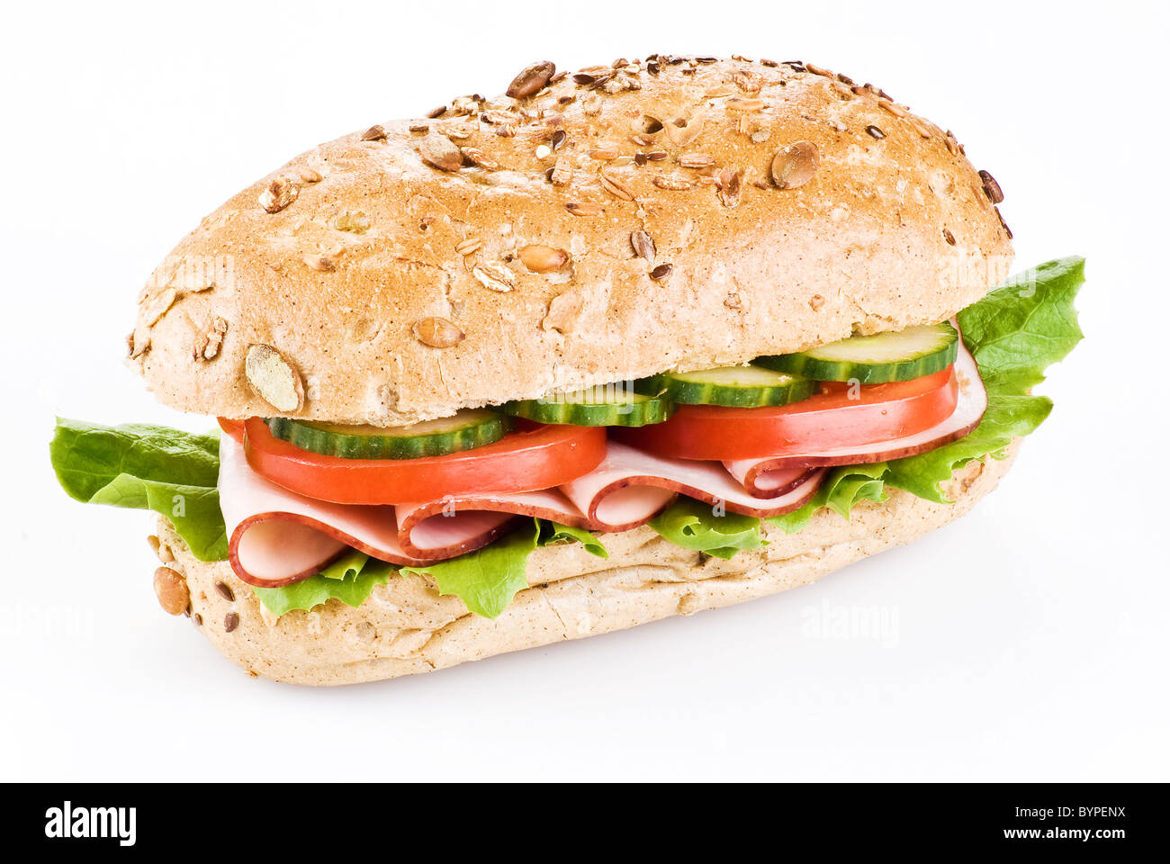 Freshly made sandwich with ham and vegetables over white Stock Photo