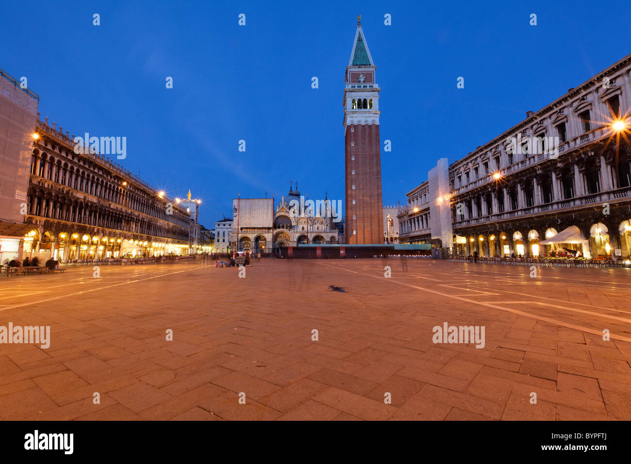 St Mark's Square at Night with the Cafes and the Clock tower, Venice, Veneto, Italy, Europe Stock Photo