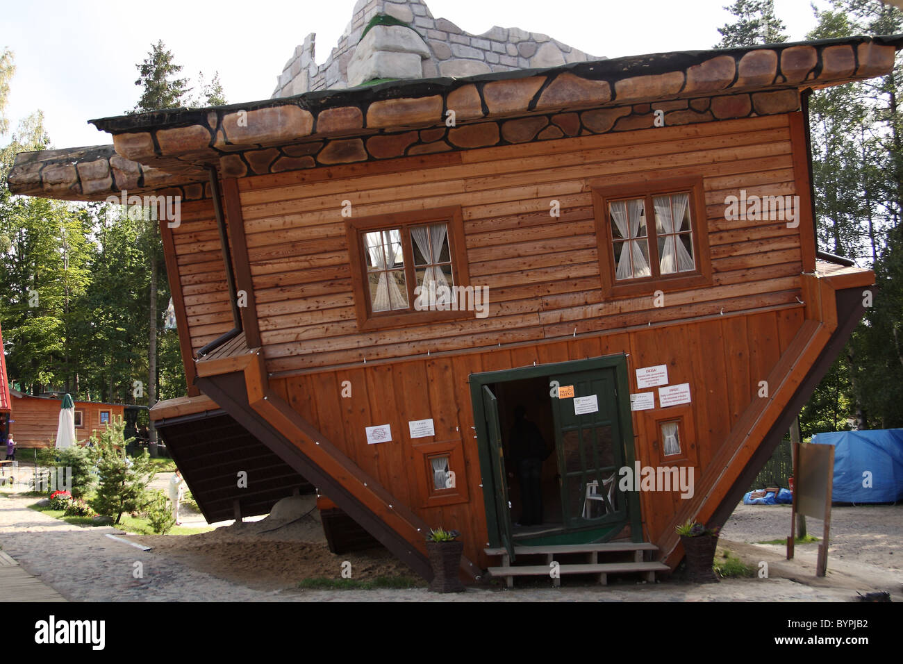 Upside down house in open-air museum in Szymbark, Kashubia, Poland. Stock Photo