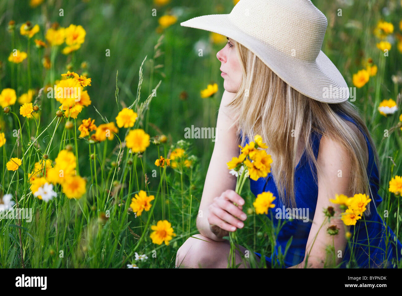 Young Woman Kneeling in a Meadow with Wildflowers and Looking Away, New Jersey, USA Stock Photo